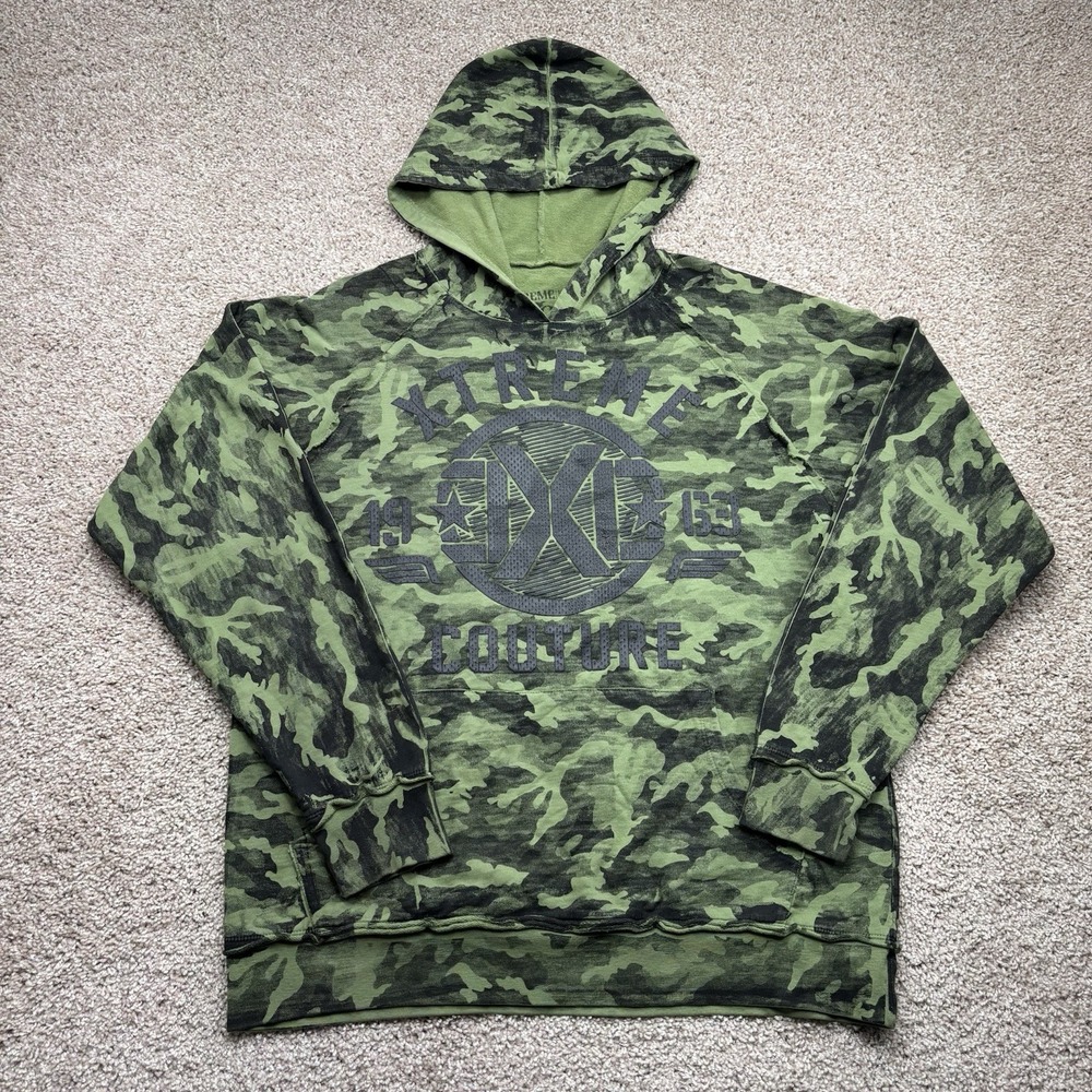 Xtreme Couture By Affliction Mens Green Boxy Pullover Hoodie Camo Size M